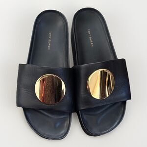 Tory Burch Patos Leather Slide Sandals in Black Size 10M Retail $248